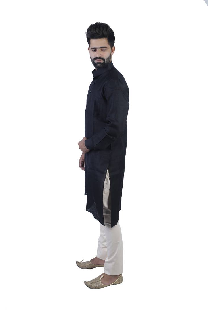 Black Cotton Plain Men Kurta