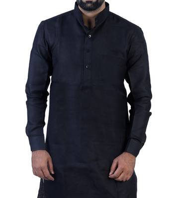Black Cotton Plain Men Kurta 4
