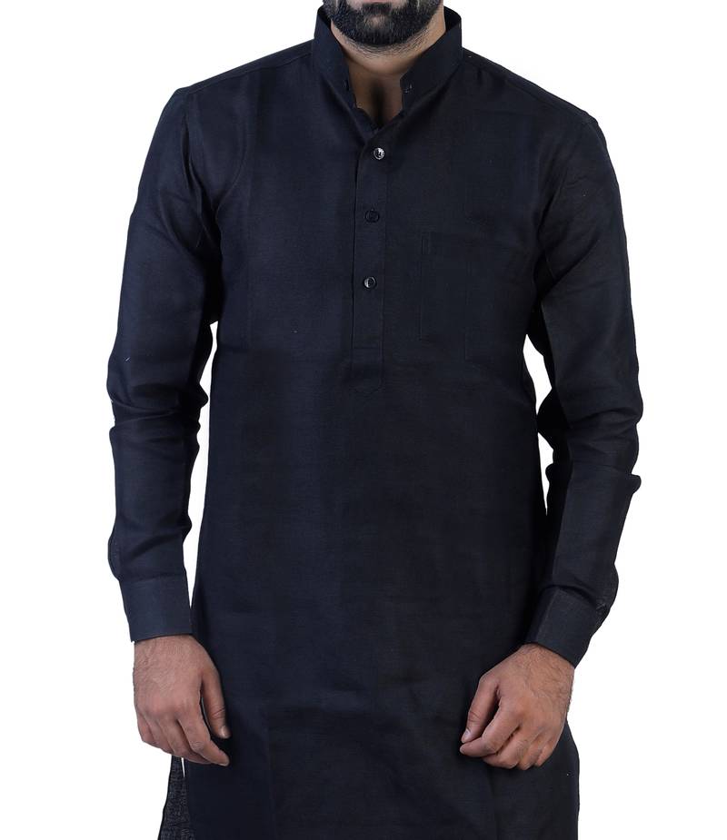 Black Cotton Plain Men Kurta
