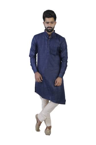 Blue Cotton Plain Men Kurta
