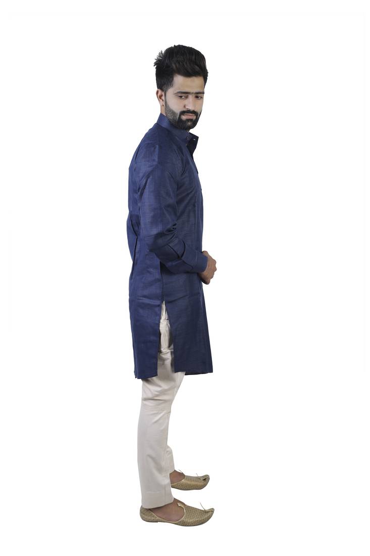 Blue Cotton Plain Men Kurta