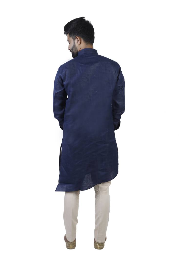 Blue Cotton Plain Men Kurta