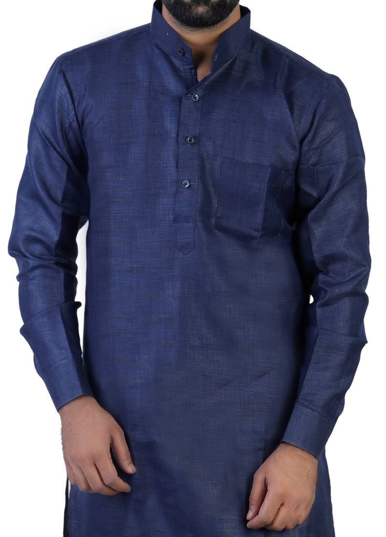 Blue Cotton Plain Men Kurta