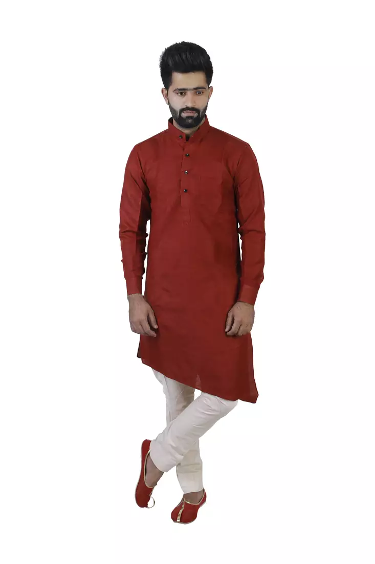 Red Cotton Plain Men Kurta