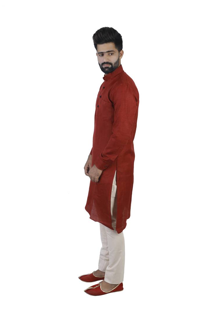 Red Cotton Plain Men Kurta