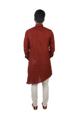 Red Cotton Plain Men Kurta 3