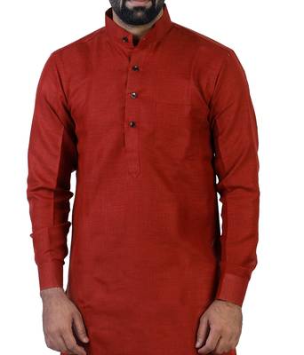 Red Cotton Plain Men Kurta 4