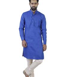 Blue Cotton Plain Men Kurta
