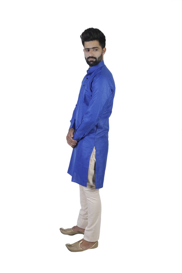 Blue Cotton Plain Men Kurta