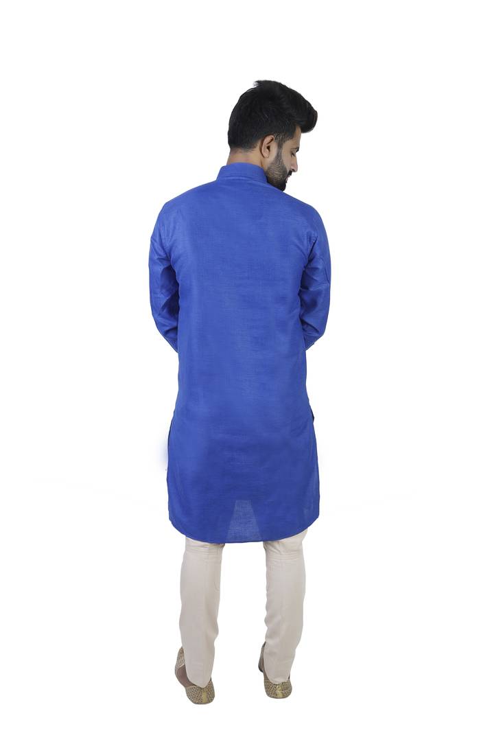 Blue Cotton Plain Men Kurta
