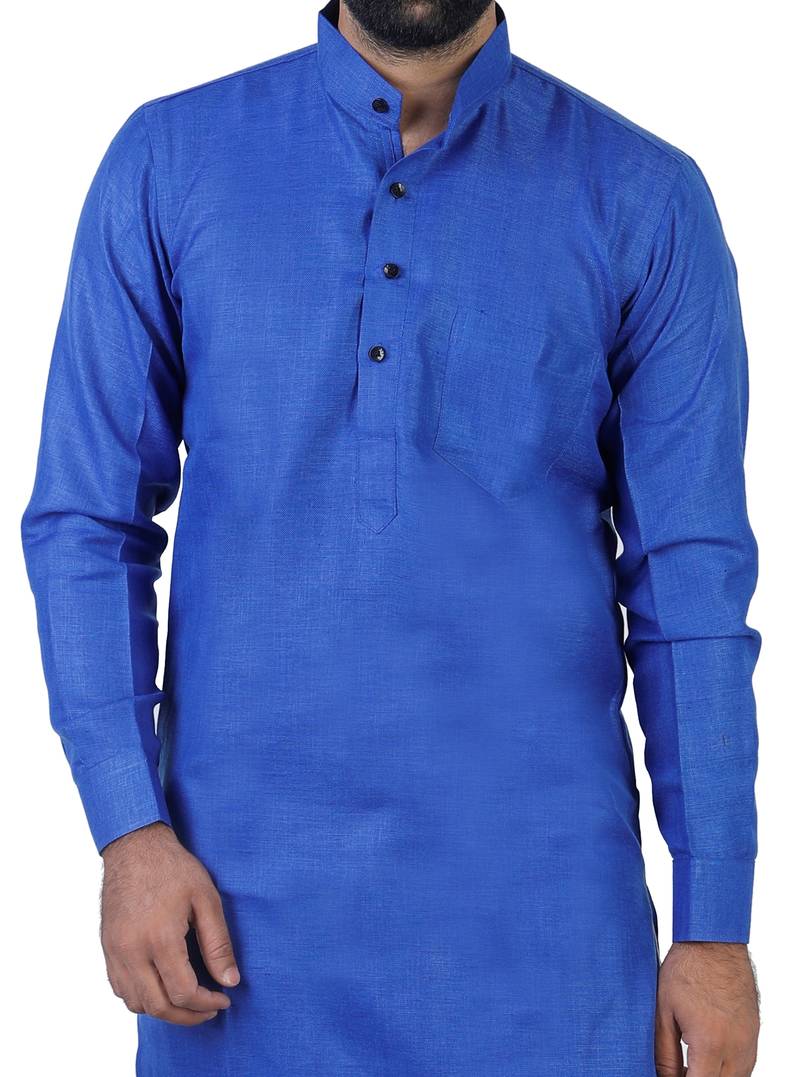 Blue Cotton Plain Men Kurta