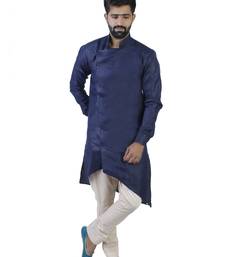 Blue Cotton Plain Men Kurta
