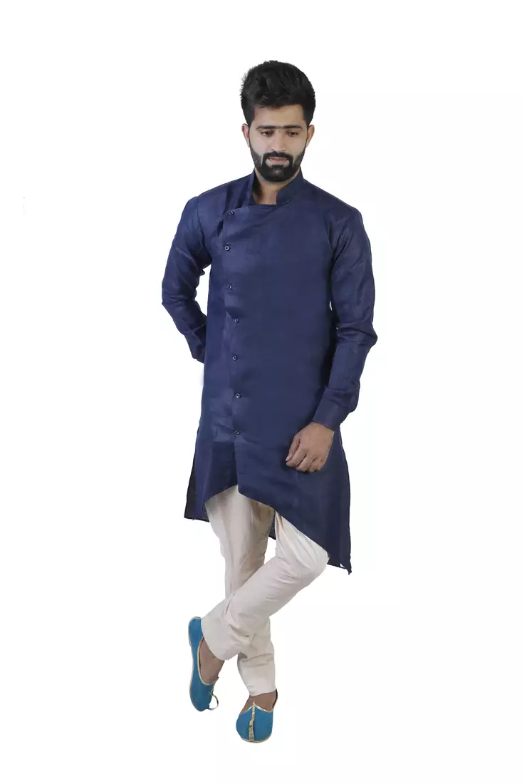 Blue Cotton Plain Men Kurta