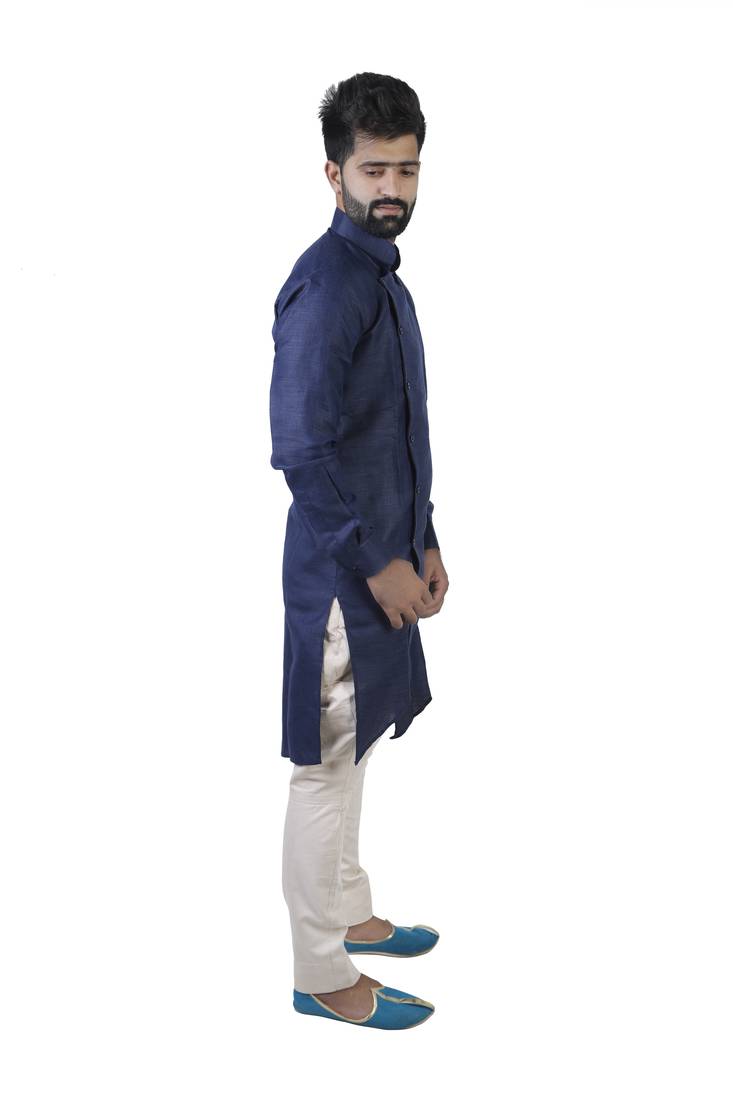 Blue Cotton Plain Men Kurta