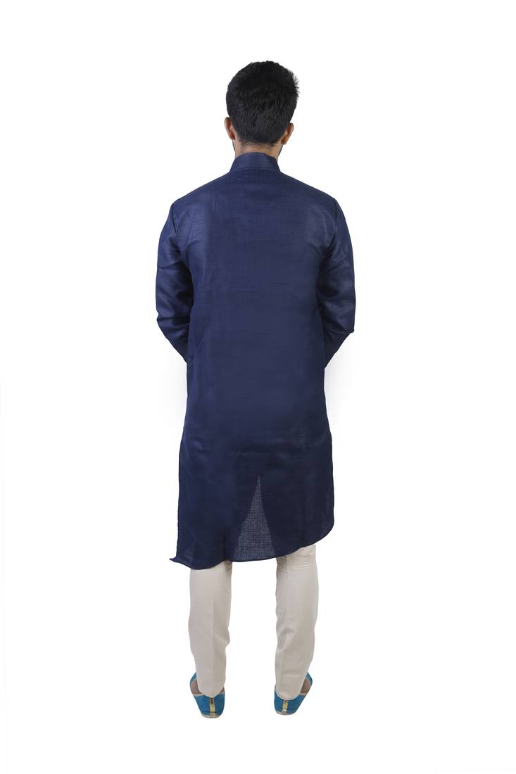 Blue Cotton Plain Men Kurta