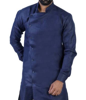 Blue Cotton Plain Men Kurta 4
