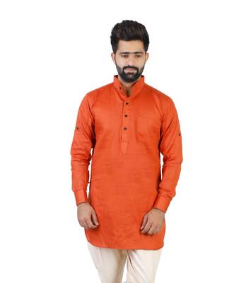 Orange Cotton Plain Men Kurta 1