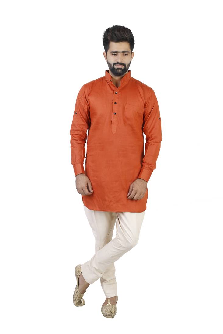 Orange Cotton Plain Men Kurta