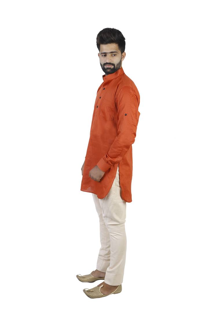 Orange Cotton Plain Men Kurta
