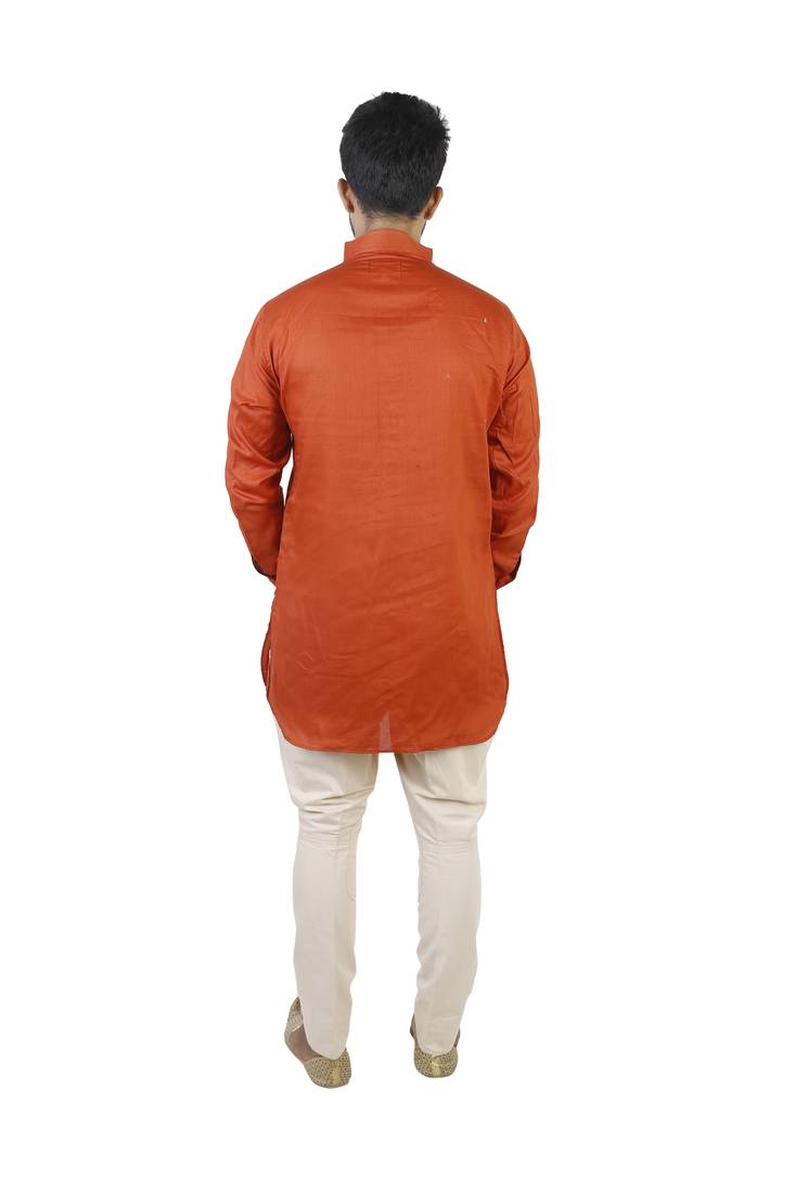 Orange Cotton Plain Men Kurta