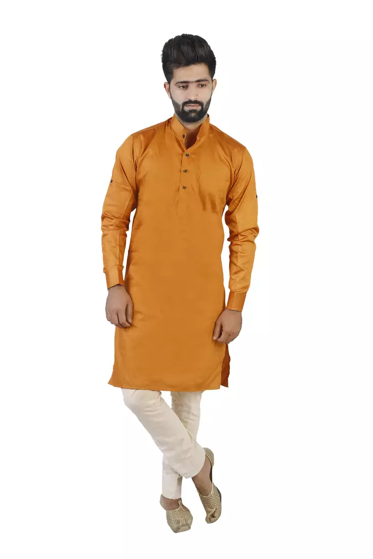 Orange Cotton Plain Men Kurta