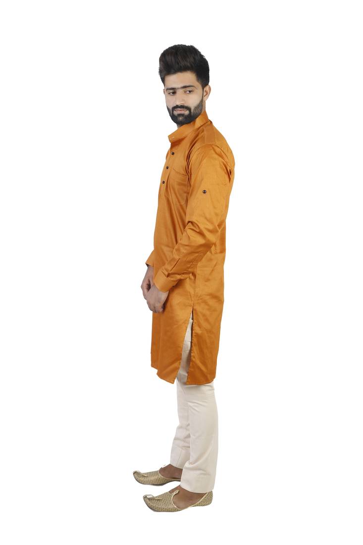 Orange Cotton Plain Men Kurta