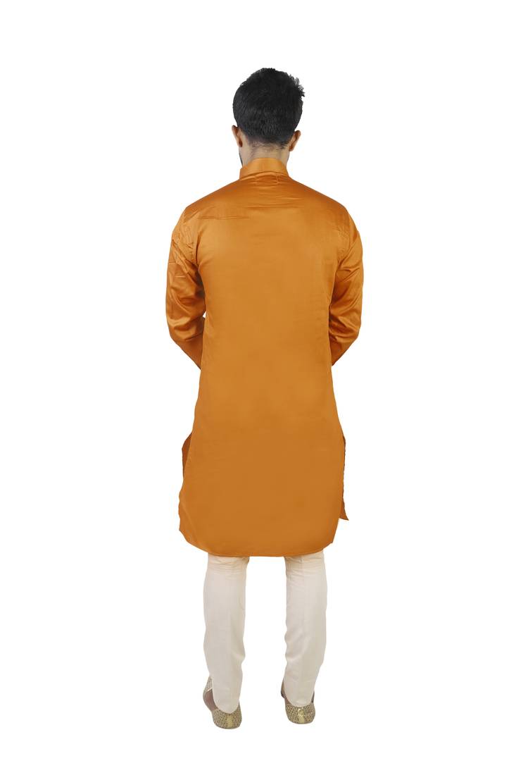 Orange Cotton Plain Men Kurta
