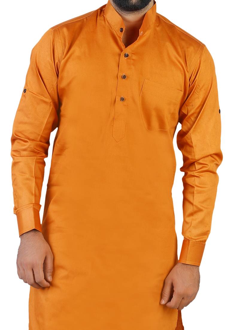 Orange Cotton Plain Men Kurta