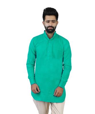 Green Cotton Plain Men Kurta 1