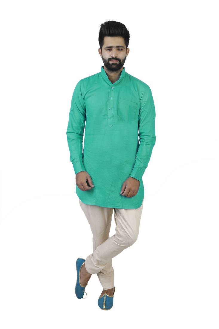 Green Cotton Plain Men Kurta