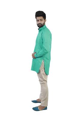 Green Cotton Plain Men Kurta 3