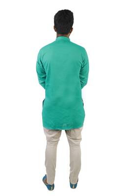 Green Cotton Plain Men Kurta 4