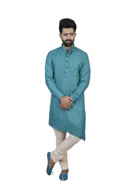 Green Cotton Plain Men Kurta 1