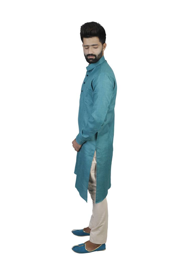 Green Cotton Plain Men Kurta