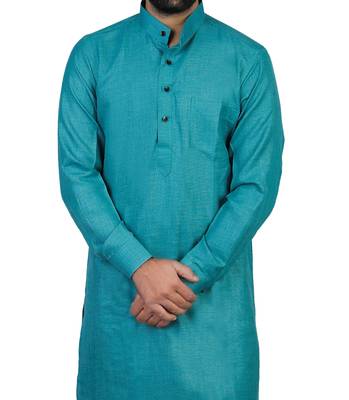 Green Cotton Plain Men Kurta 4
