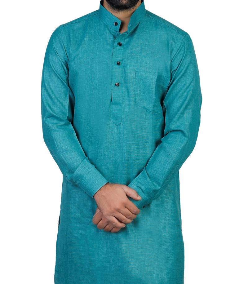Green Cotton Plain Men Kurta