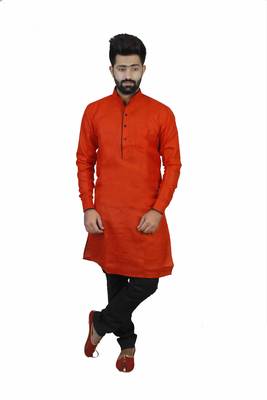 Red Cotton Plain Men Kurta 1