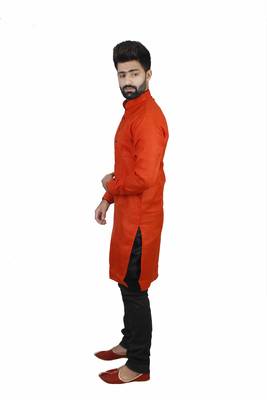 Red Cotton Plain Men Kurta 2