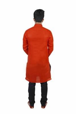 Red Cotton Plain Men Kurta 3
