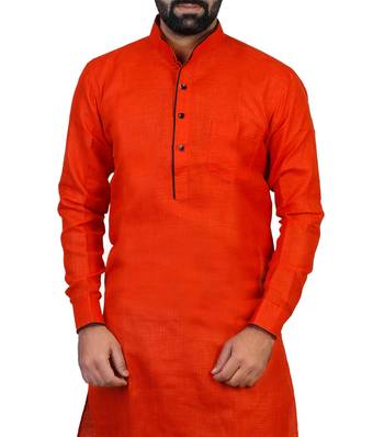 Red Cotton Plain Men Kurta 4