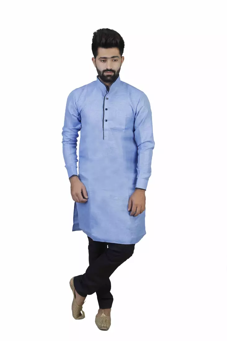 Blue Cotton Plain Men Kurta