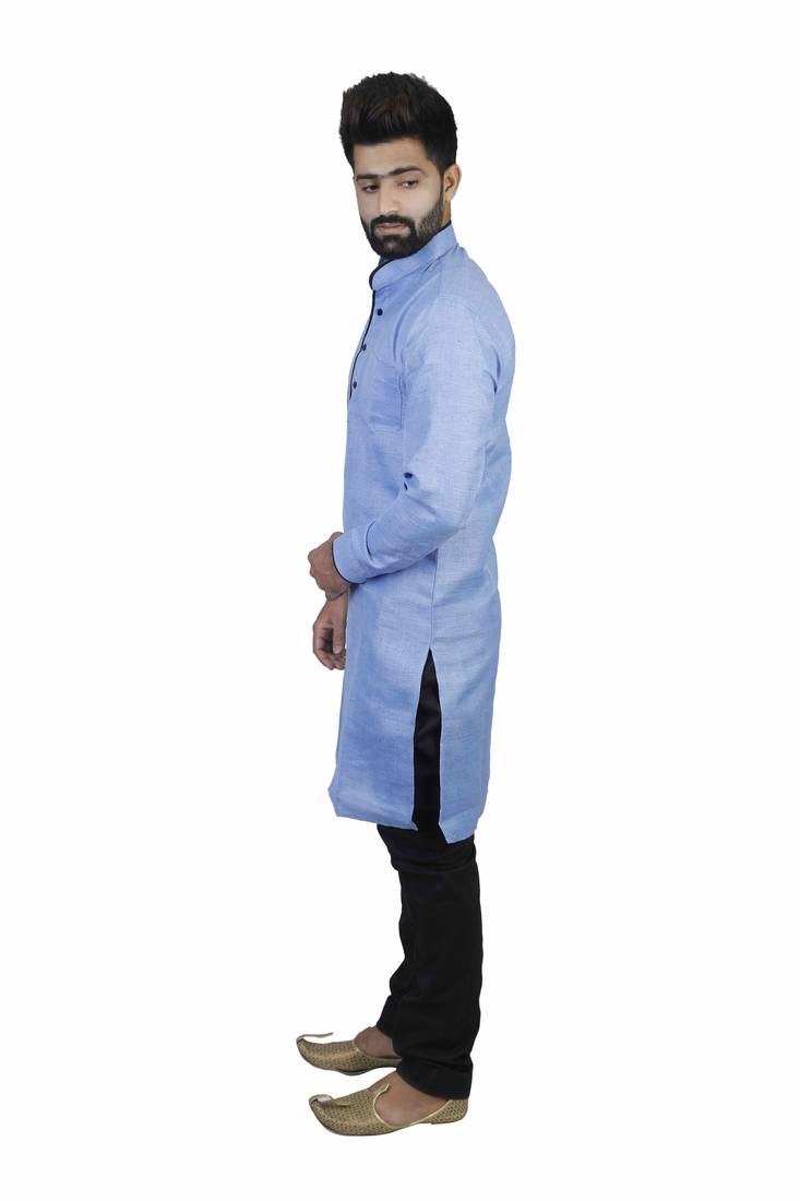 Blue Cotton Plain Men Kurta