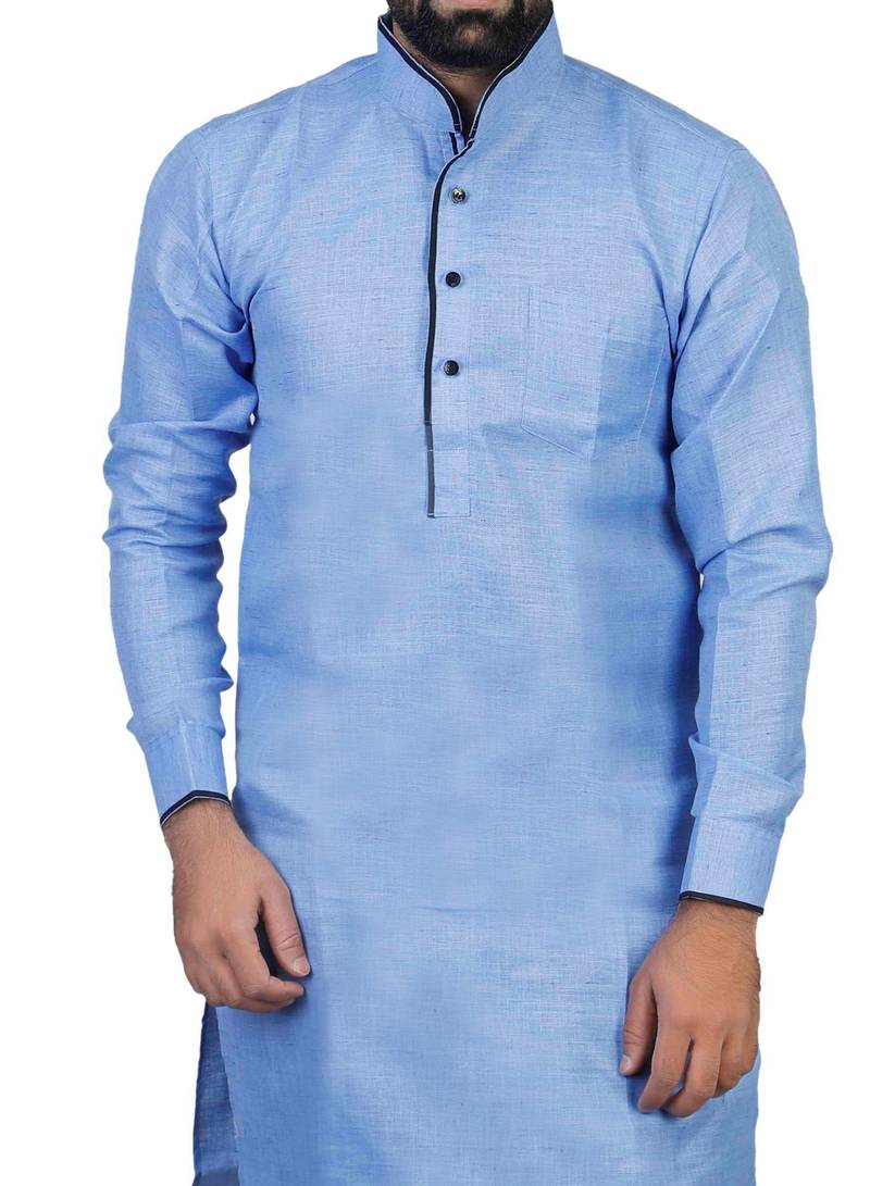 Blue Cotton Plain Men Kurta