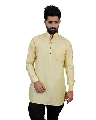 Yellow Cotton Plain Men Kurta 1