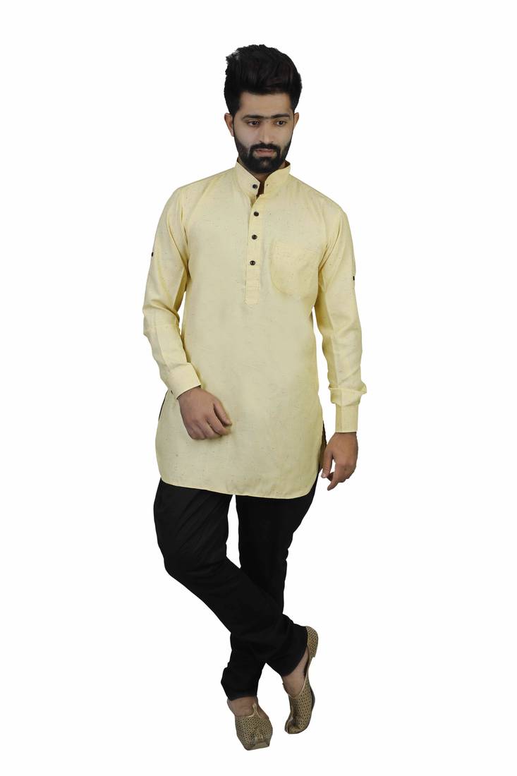 Yellow Cotton Plain Men Kurta