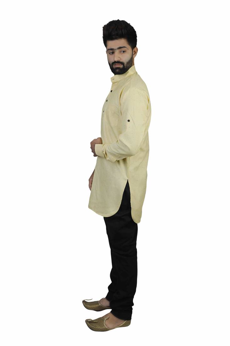 Yellow Cotton Plain Men Kurta