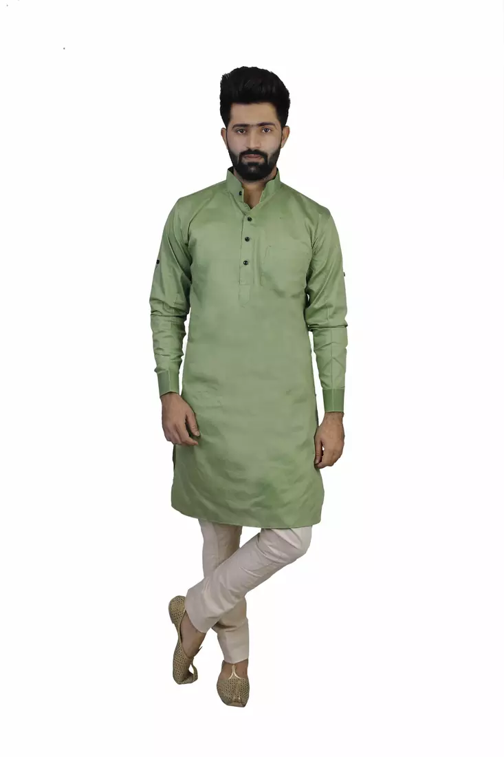 Green Cotton Plain Men Kurta