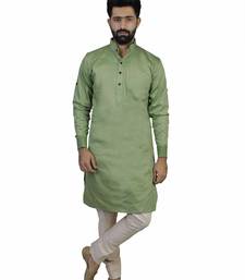 Green Cotton Plain Men Kurta