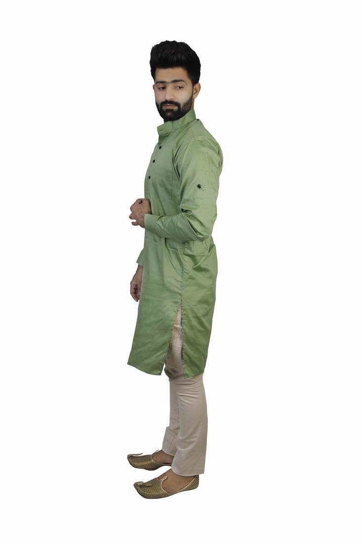 Green Cotton Plain Men Kurta