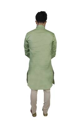 Green Cotton Plain Men Kurta 3